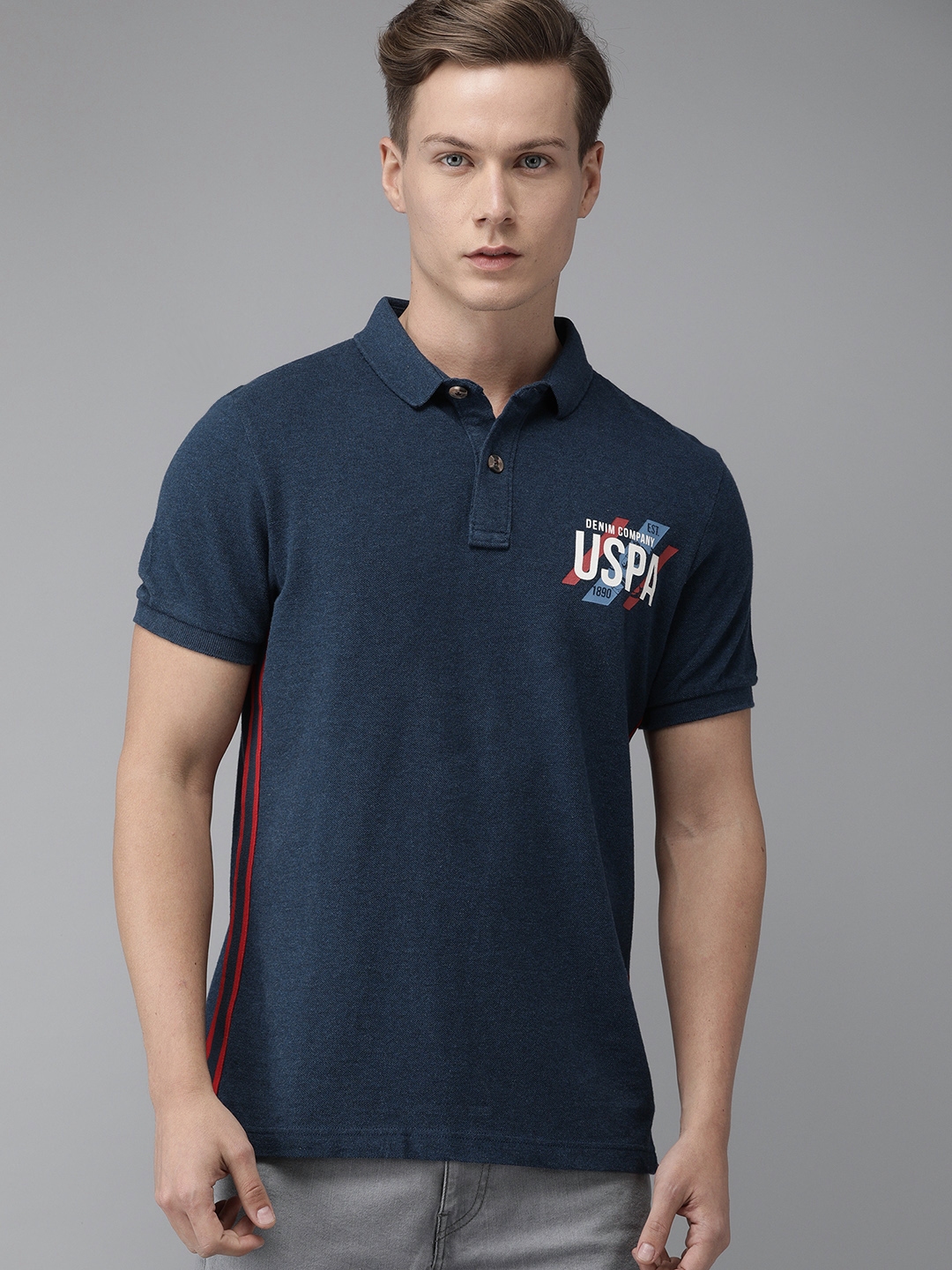 Buy U.S. Polo Assn. Denim Co. Men Navy Blue Printed Polo Collar Pure ...