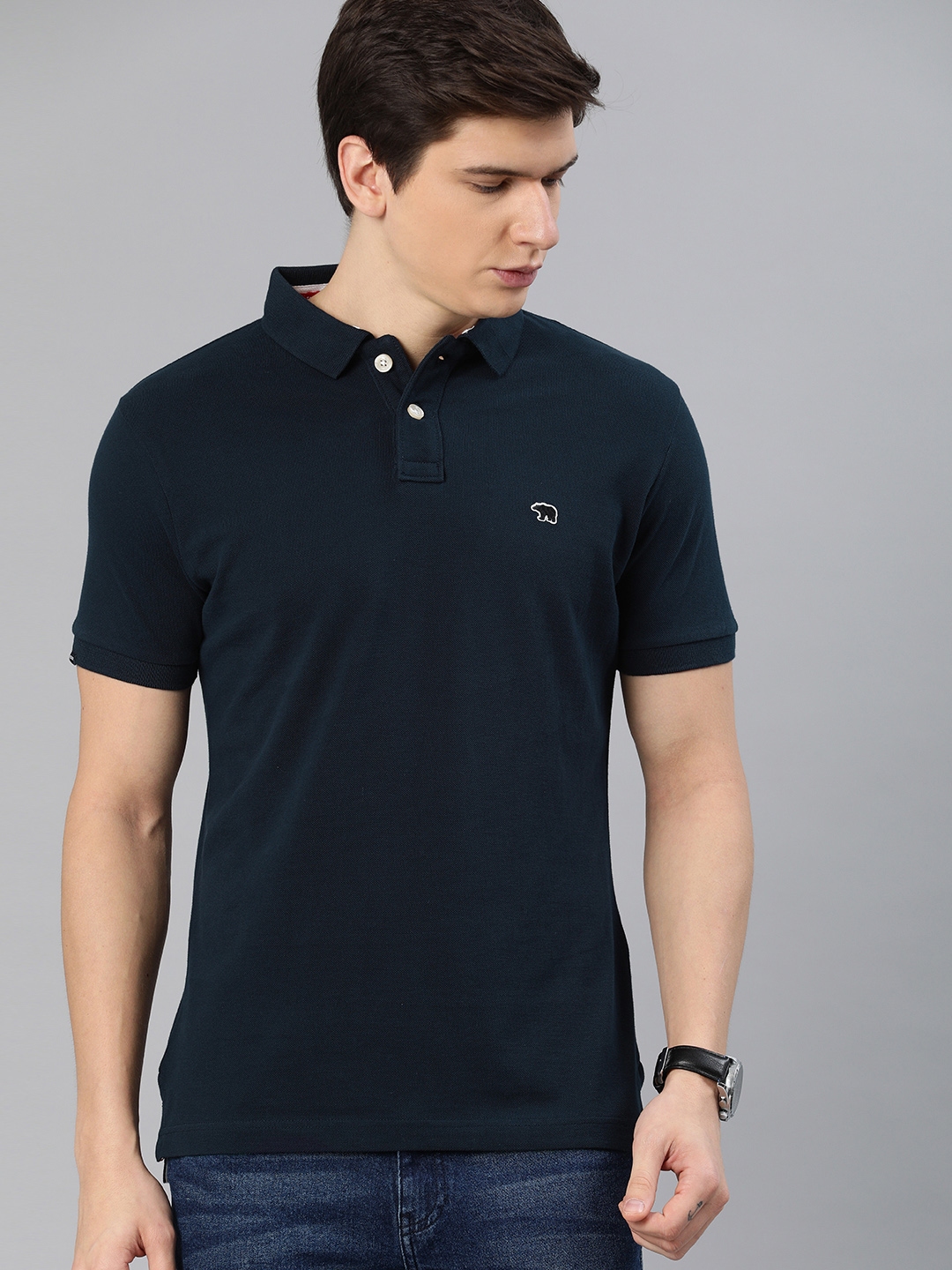 Buy THE BEAR HOUSE Men Navy Blue Solid Slim Fit Polo Collar Pure Cotton ...