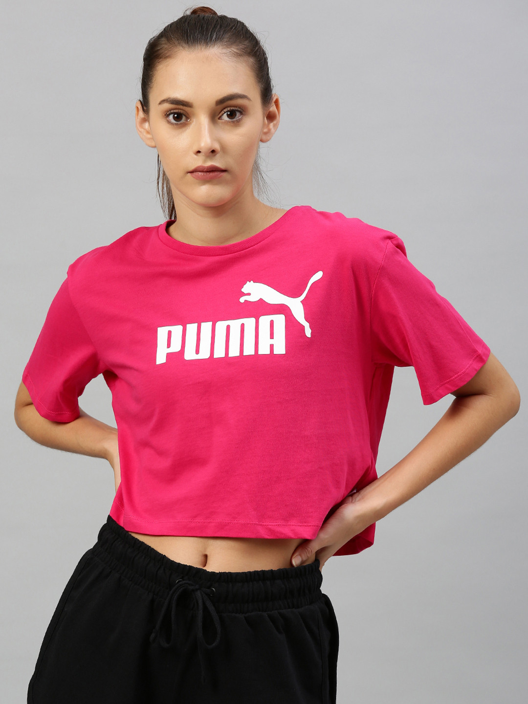 Buy Puma Women Pink Printed Essentials+ Relaxed Fit Round Neck Crop