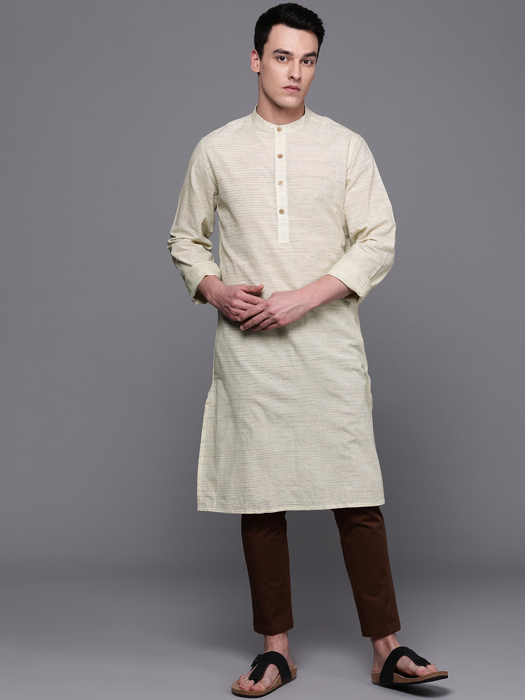 Buy Fabindia Men Cream Coloured & Green Woven Design Straight Kurta