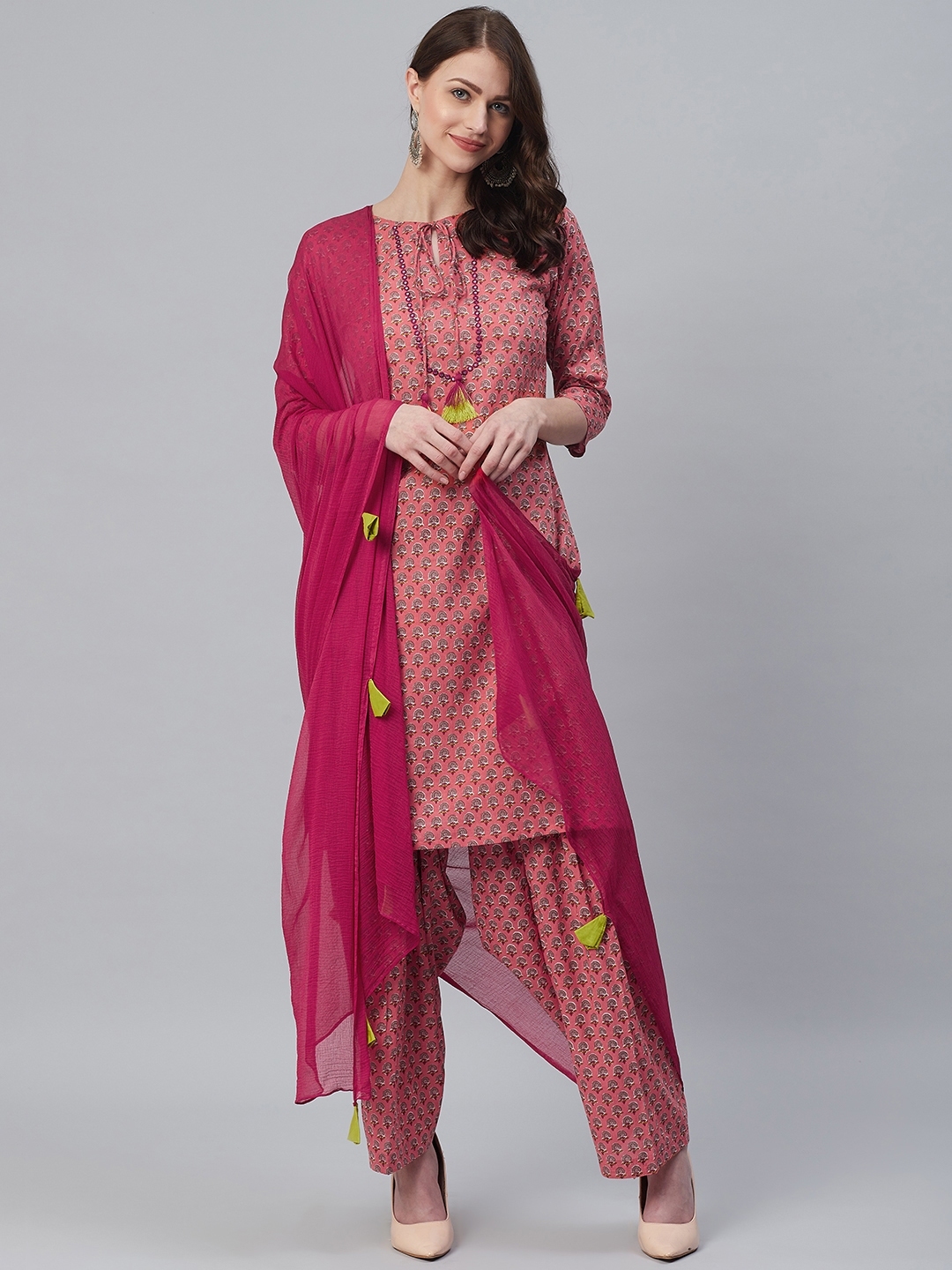 Buy Azira Women Pink & Green Printed Kurta With Salwar & Dupatta ...