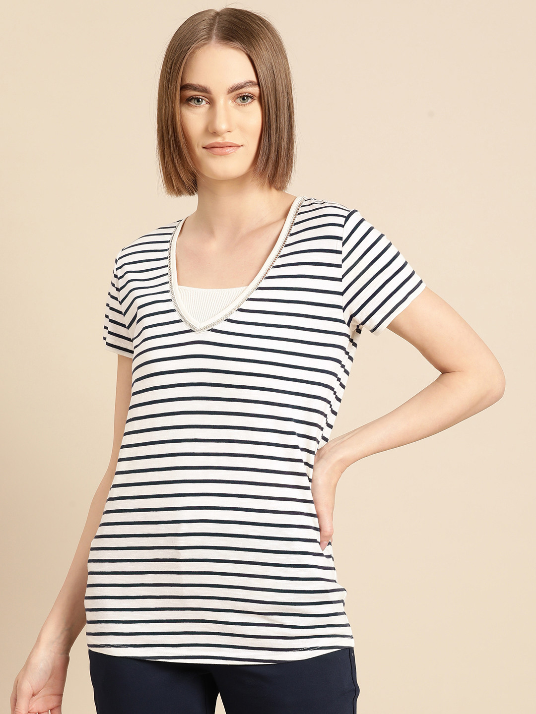 Buy Promod Women White & Navy Blue Striped V Neck T Shirt Tshirts for