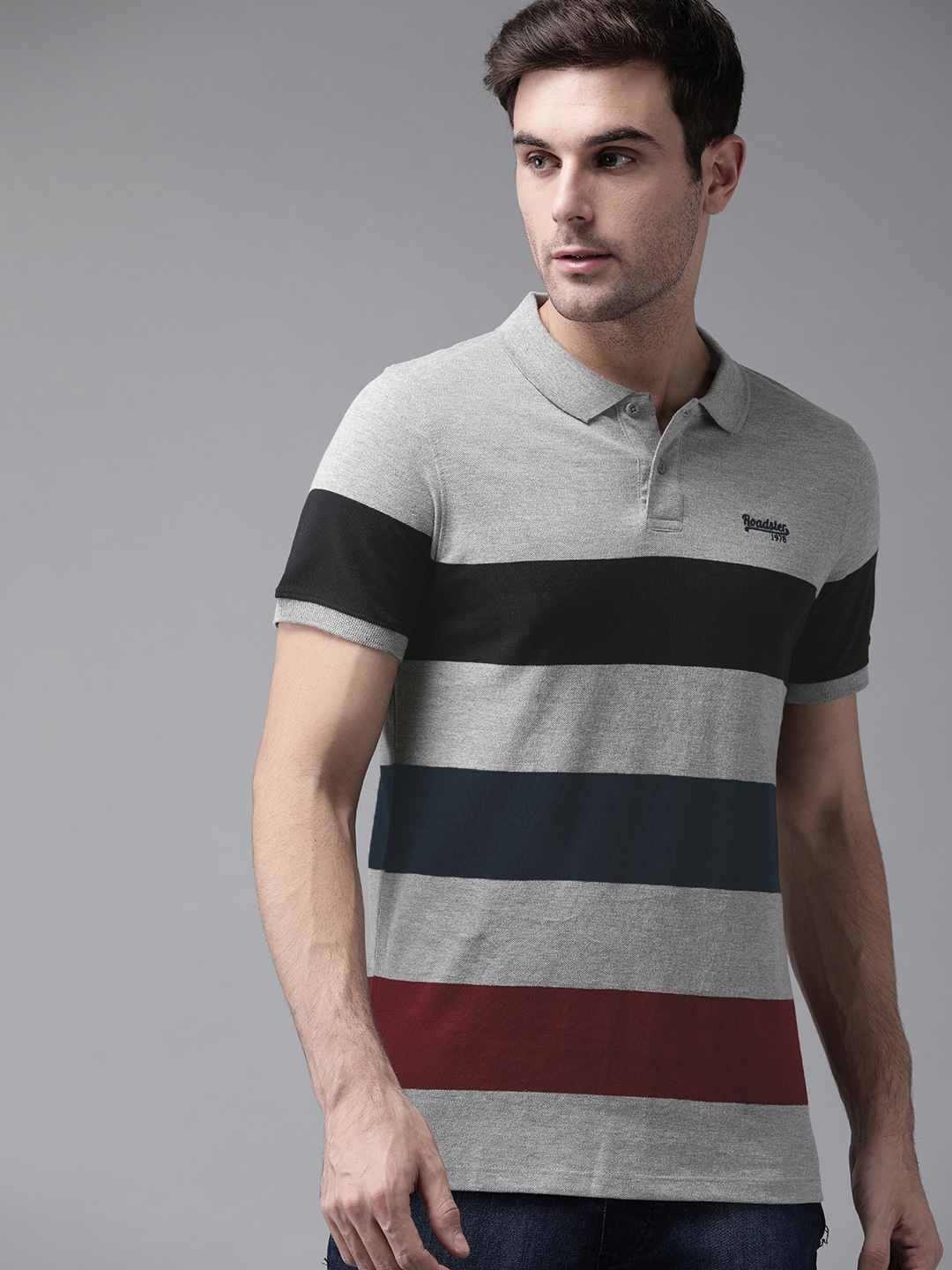 Buy Roadster Men Grey Melange & Black Striped Polo Collar T Shirt ...