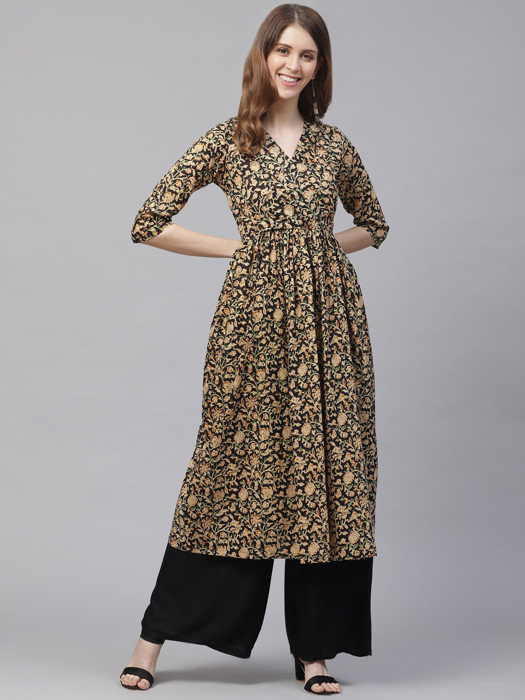 Beige - Hand Embroidered Printed Cotton A-Line Kalamkari Kurta for women 11