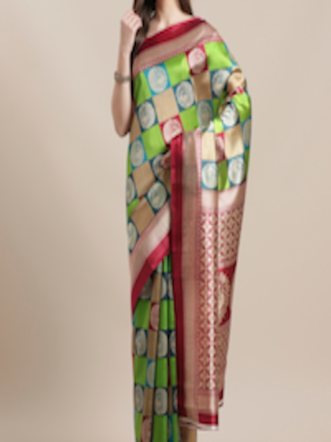 Buy 7Rainbow Blue & Green Checked Mysore Silk Saree With Printed Detail ...