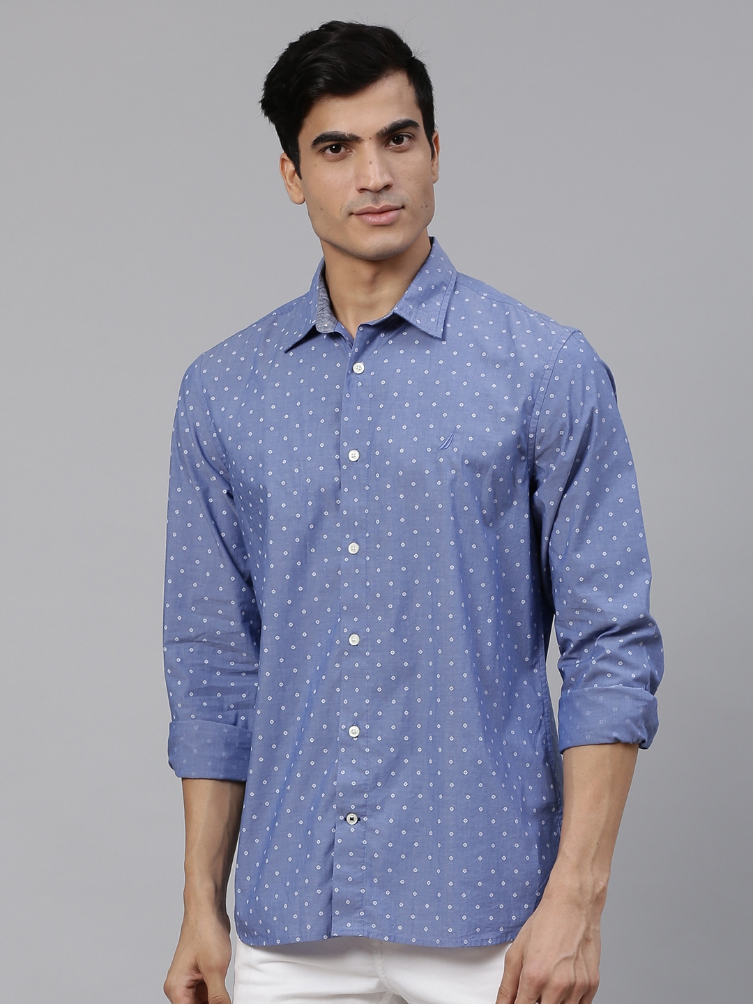 Buy Nautica Men Blue & White Slim Fit Knitted Printed Casual Shirt ...
