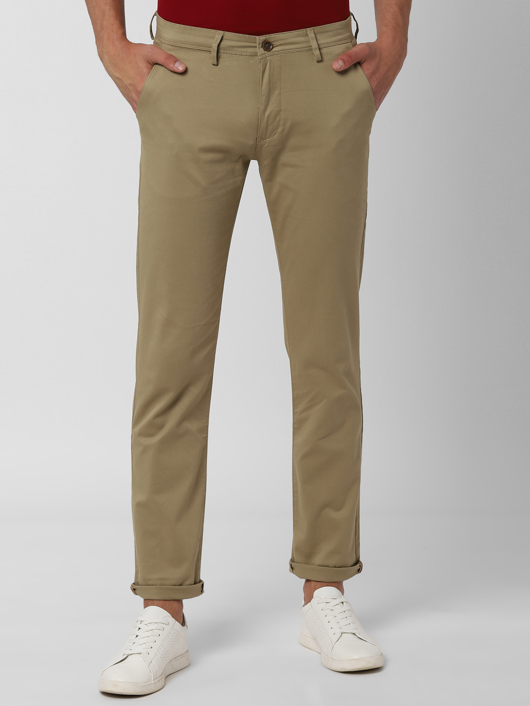 Buy Peter England Men Olive Green Slim Fit Solid Regular Trousers