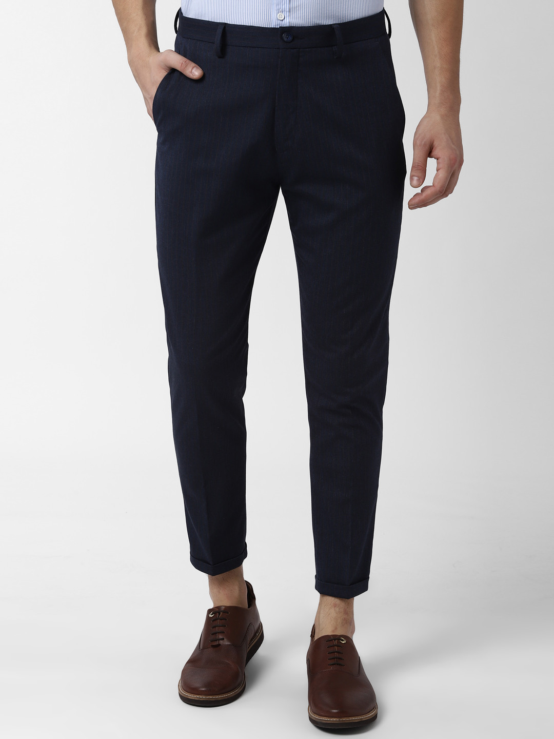 Buy Peter England Men Navy Blue Regular Fit Striped Formal Trousers