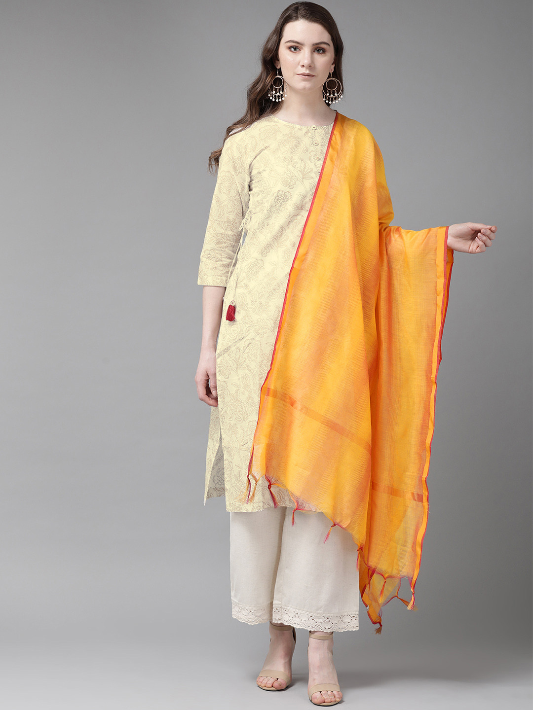 Buy Juniper Mustard Yellow & Pink Self Striped Dupatta Dupatta for
