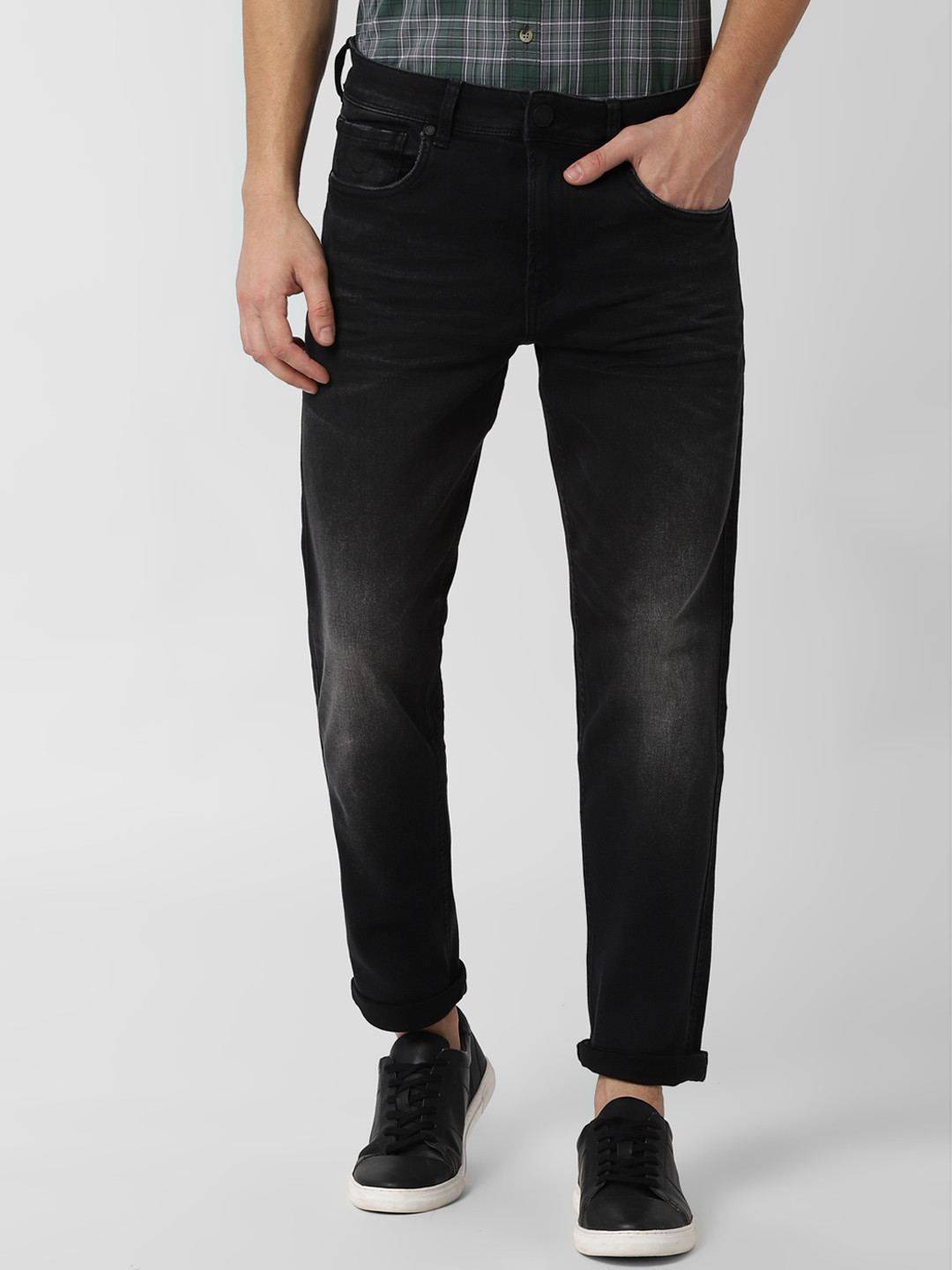 Buy Peter England Men Black Tapered Fit Mid Rise Clean Look Stretchable