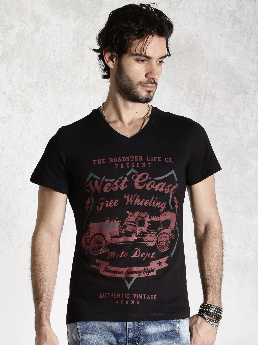 Buy Roadster Black Printed Pure Cotton T Shirt Tshirts for Men