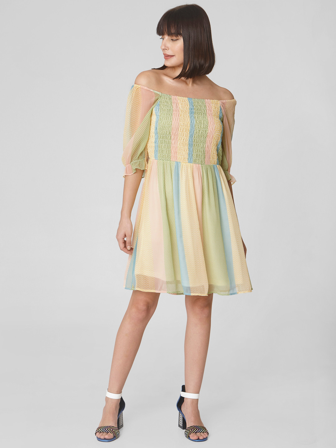 Buy Vero Moda Yellow Candy Striped Off Shoulder Smocked Dress Dresses for Women 11488096 Myntra