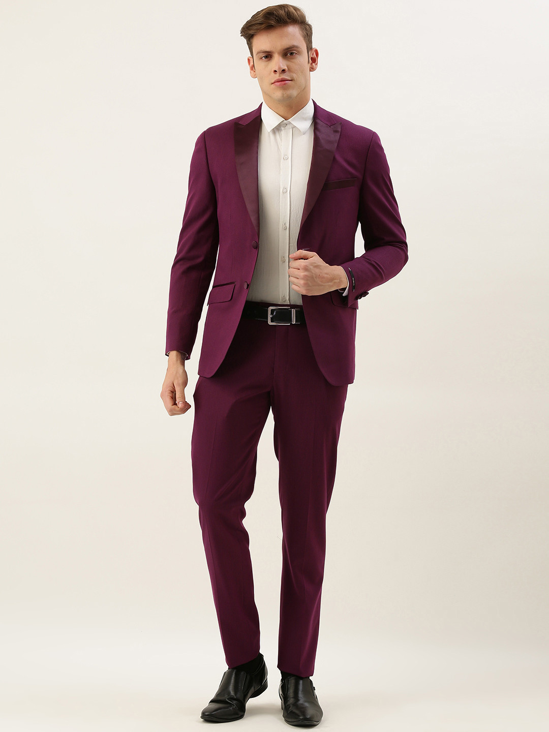 Buy Peter England Men Burgundy Self Design Neo Slim Fit Single Breasted