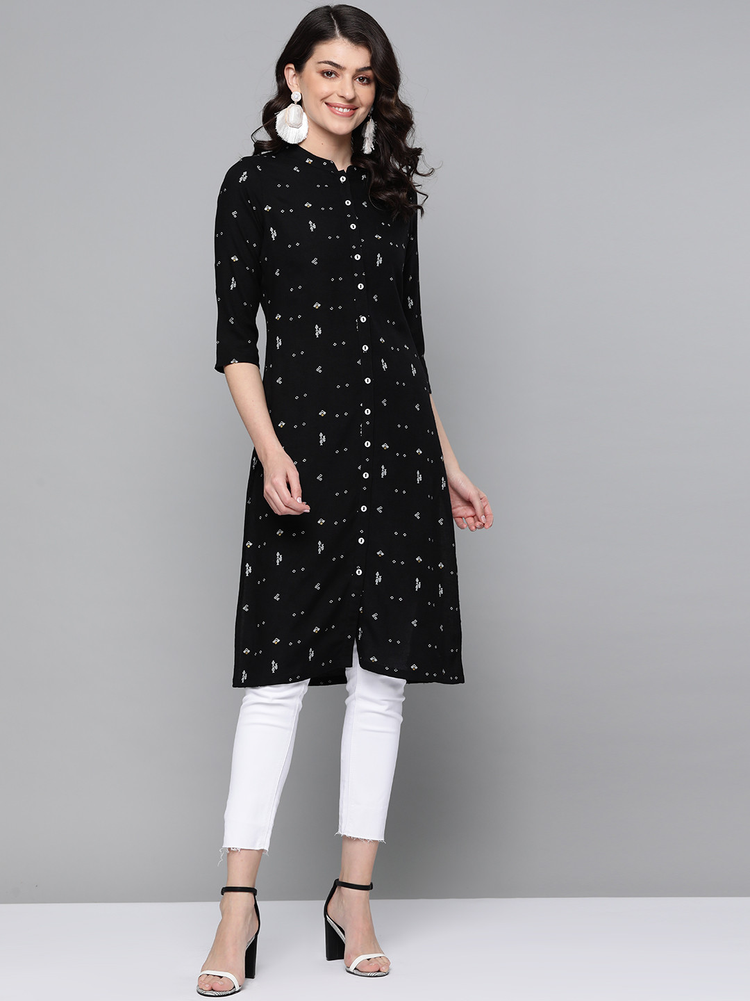 Buy HERE&NOW Women Black & White Printed Straight Kurta Kurtas for