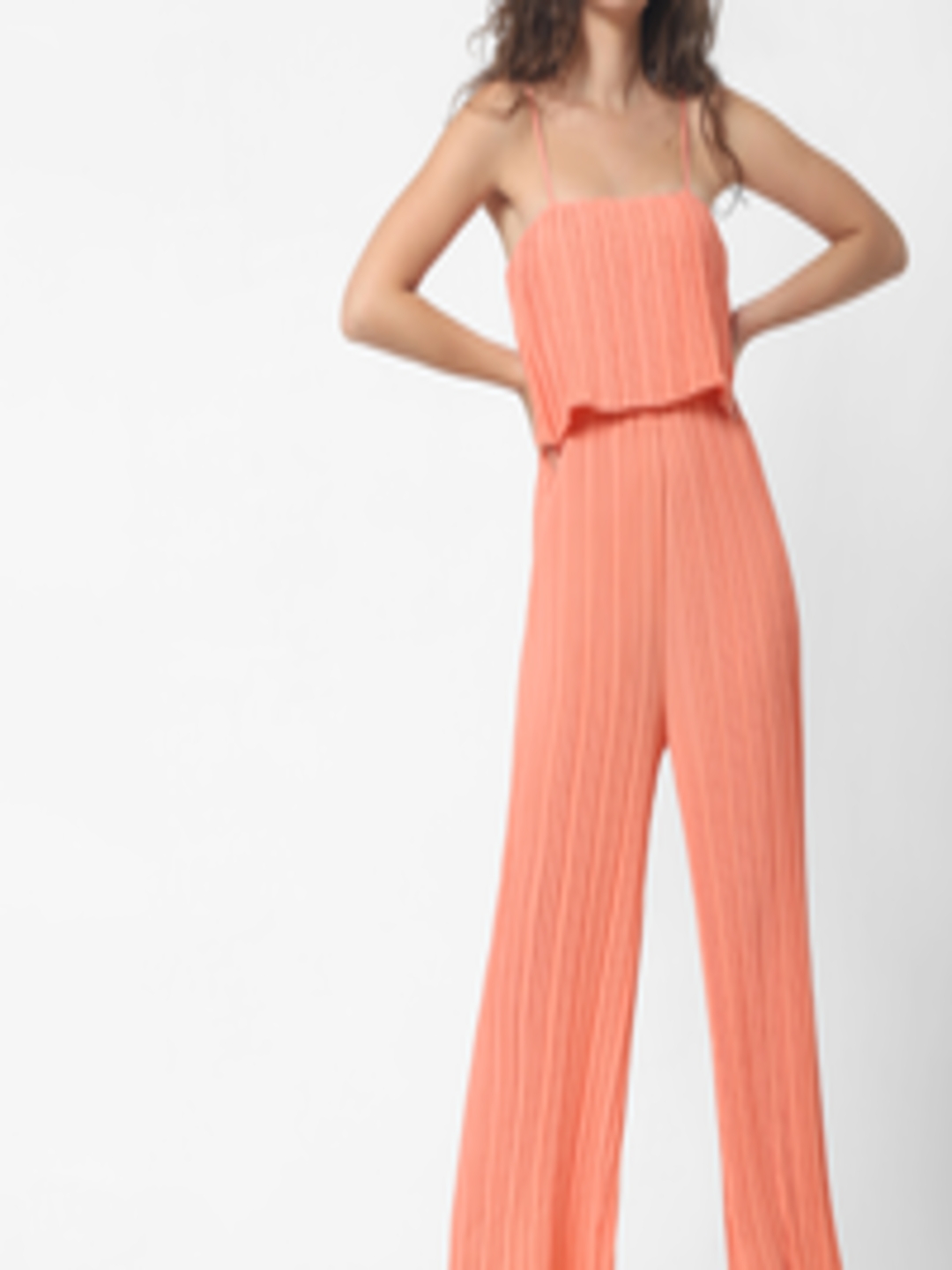 Buy ONLY Women Peach Coloured Solid Layered Basic Jumpsuit With Plisse ...