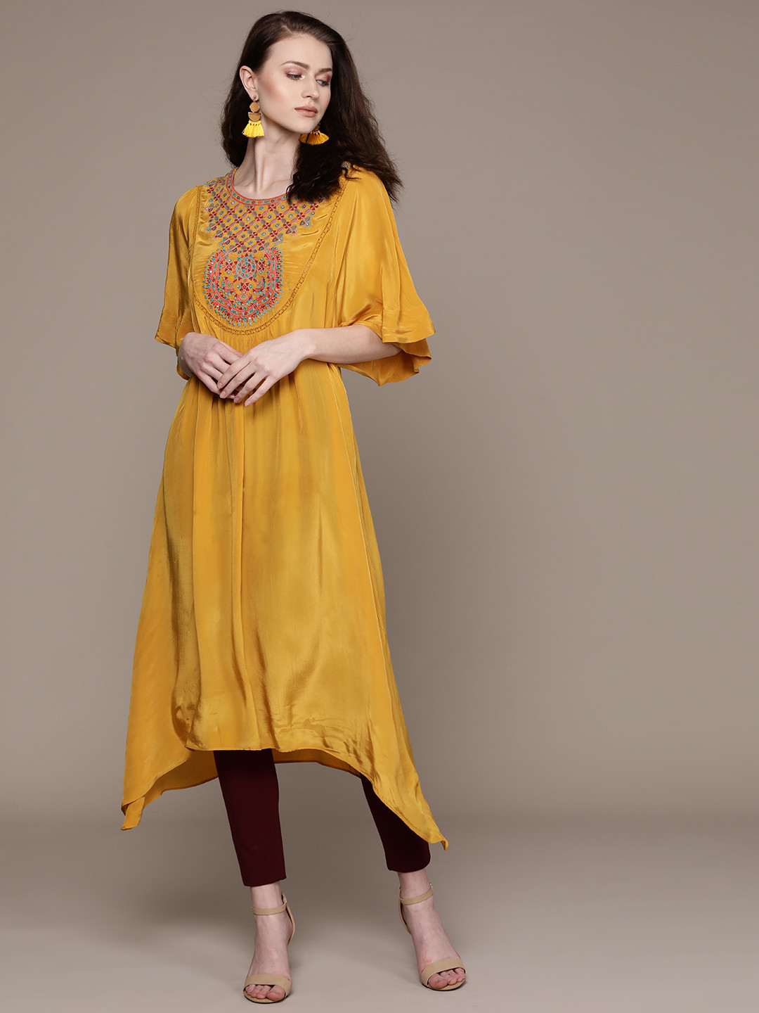 Buy Ritu Kumar Women Mustard Yellow Yoke Design A Line Asymmetric Kurta Kurtas for Women