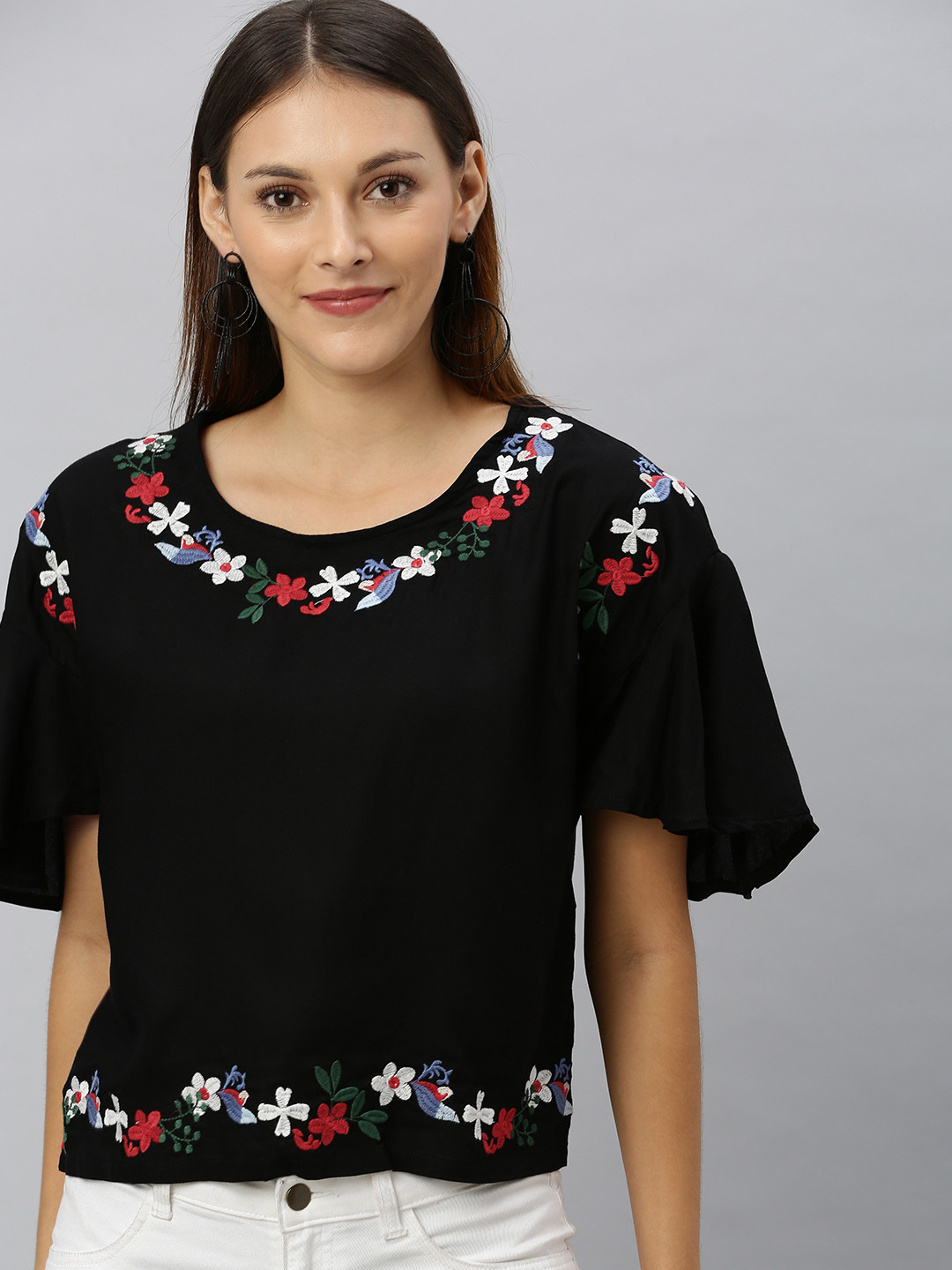 Women Black Embroidered A Line Top With Pants