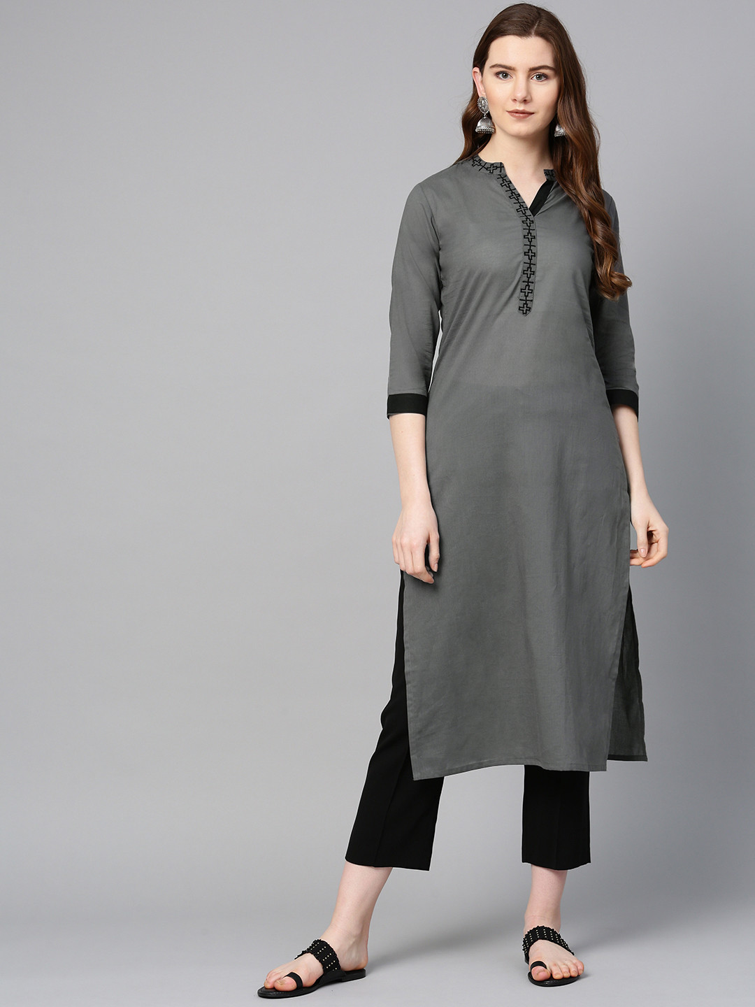 Buy ETHNIC STREET Women Charcoal Grey Solid Straight Kurta Kurtas for