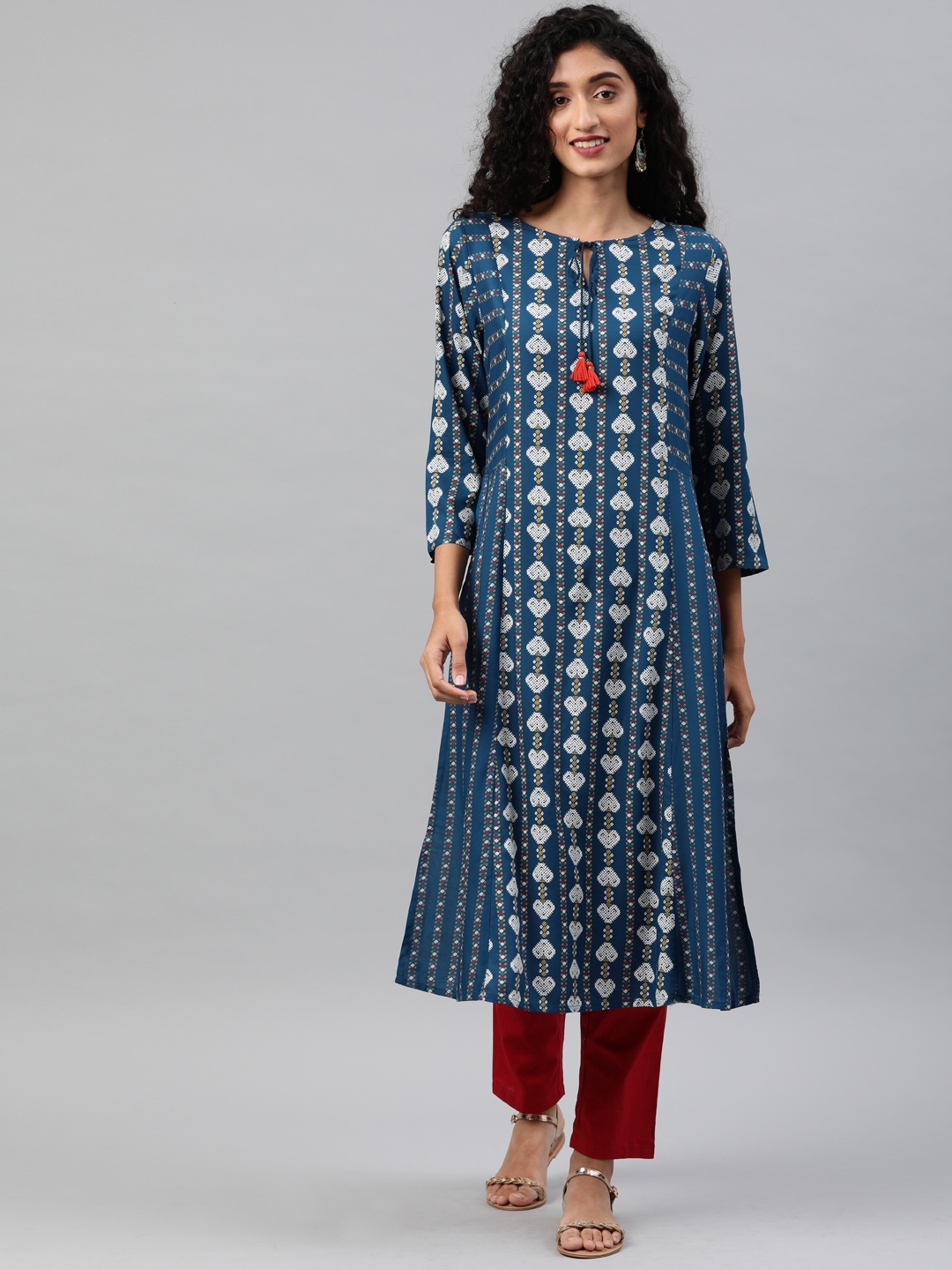 Buy Global Desi Women Blue & White Printed Straight Panelled Kurta ...