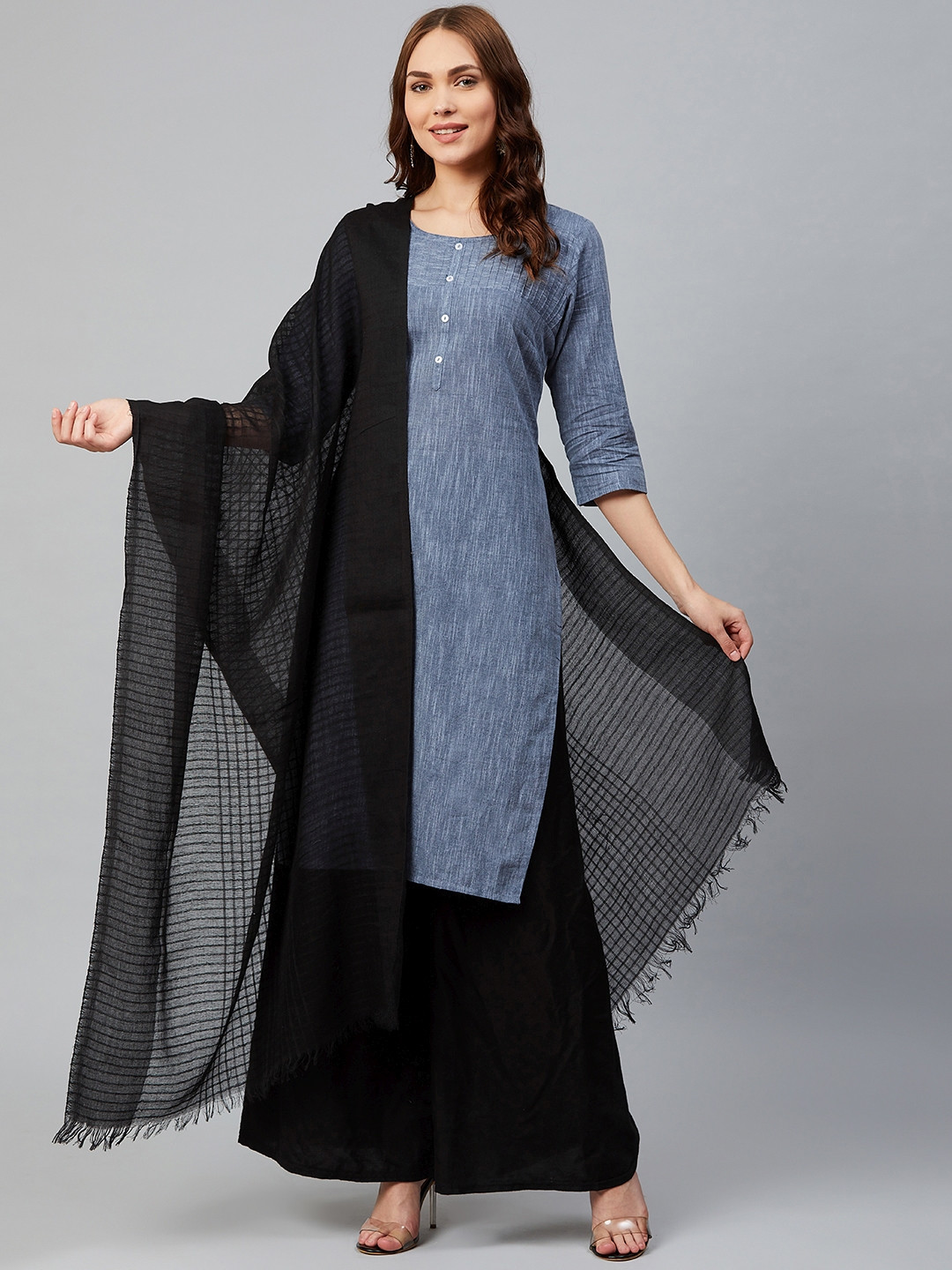 Buy AURELIA Women Black Yarn Dyed Checked Pure Cotton Dupatta Dupatta