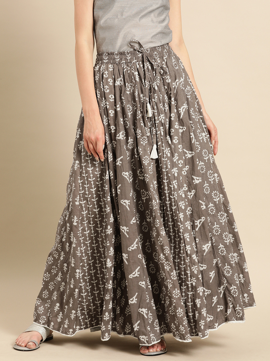 Buy Soch Grey & White Printed Pure Cotton Flared Skirt Skirts for