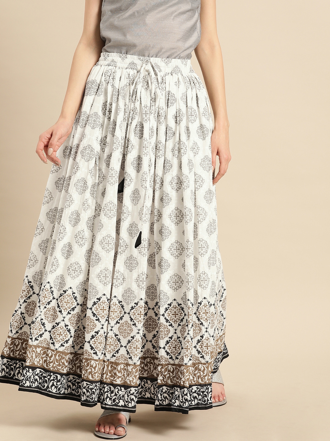 Buy Soch Women Off White & Grey Ethnic Printed Maxi Flared Skirt ...