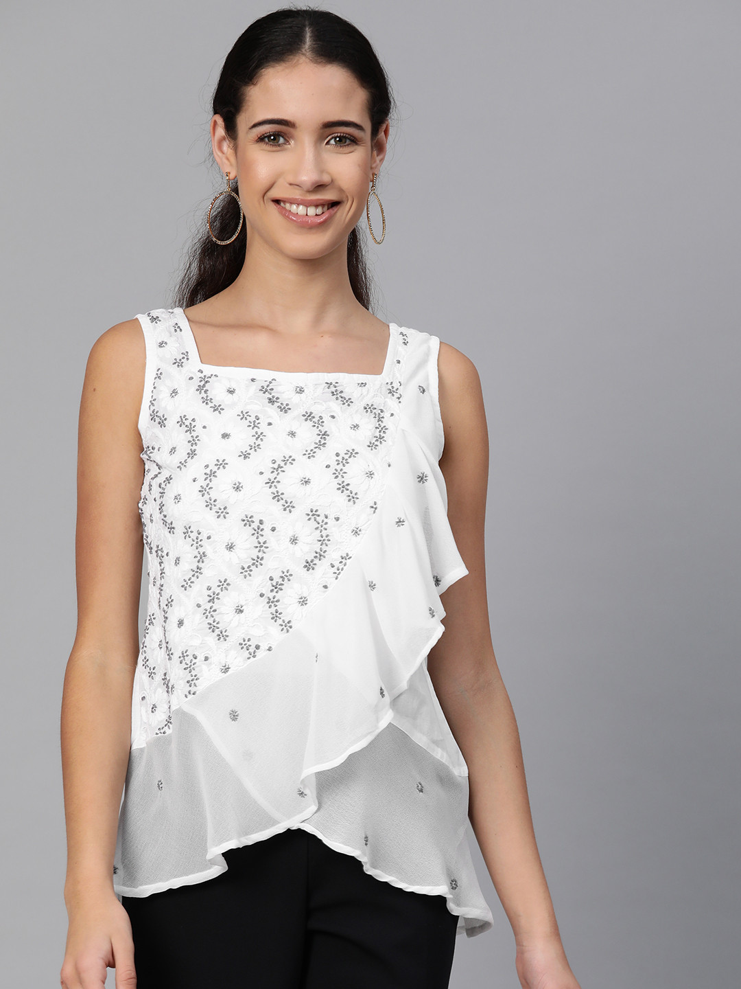 Buy ADA Women White & Charcoal Grey Chikankari Hand Embroidered ...