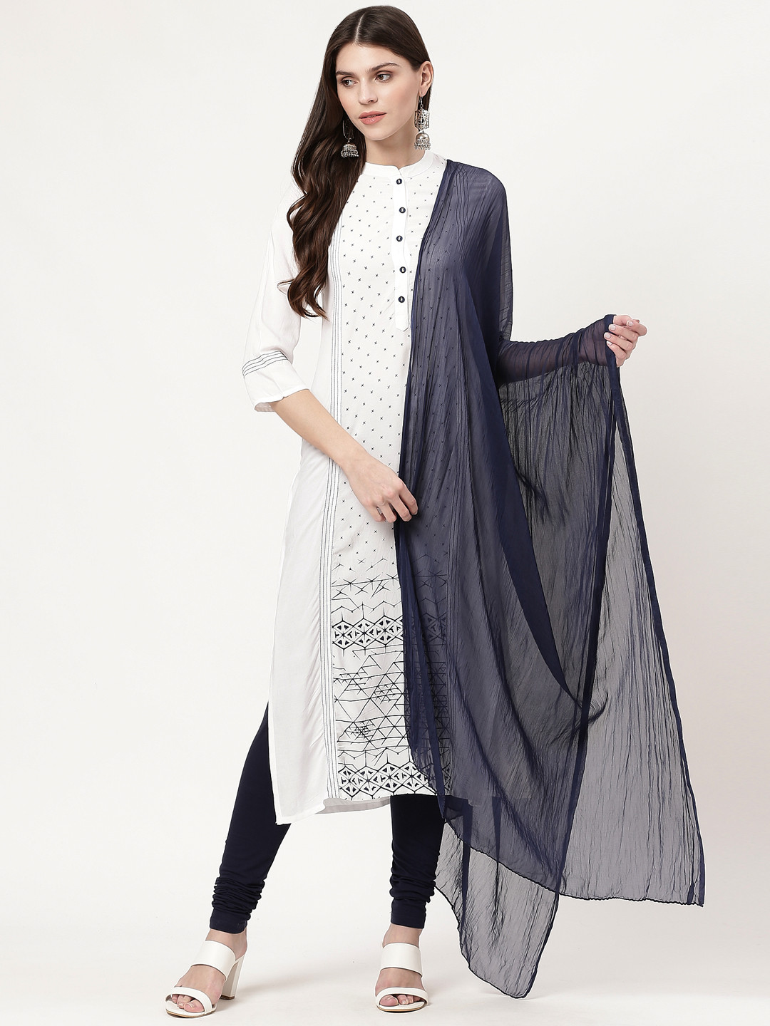Buy IMARA Women White & Navy Blue Printed Kurta With Leggings & Dupatta