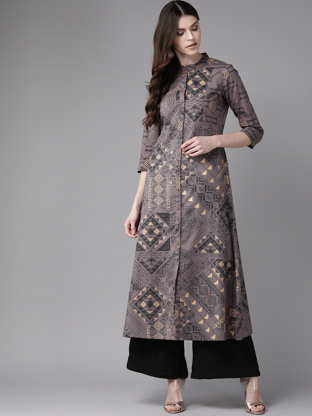 Buy Indo Era Women Charcoal Grey & Golden Foil Print A Line Kurta