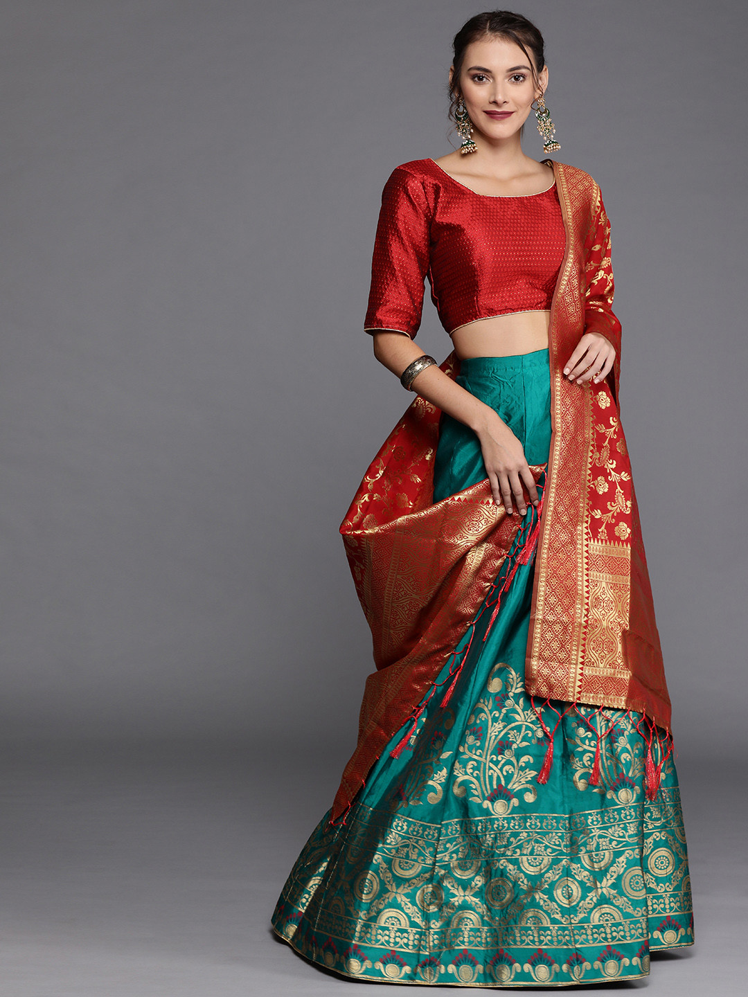Buy Mitera Green & Red Woven Design Semi Stitched Lehenga & Unstitched