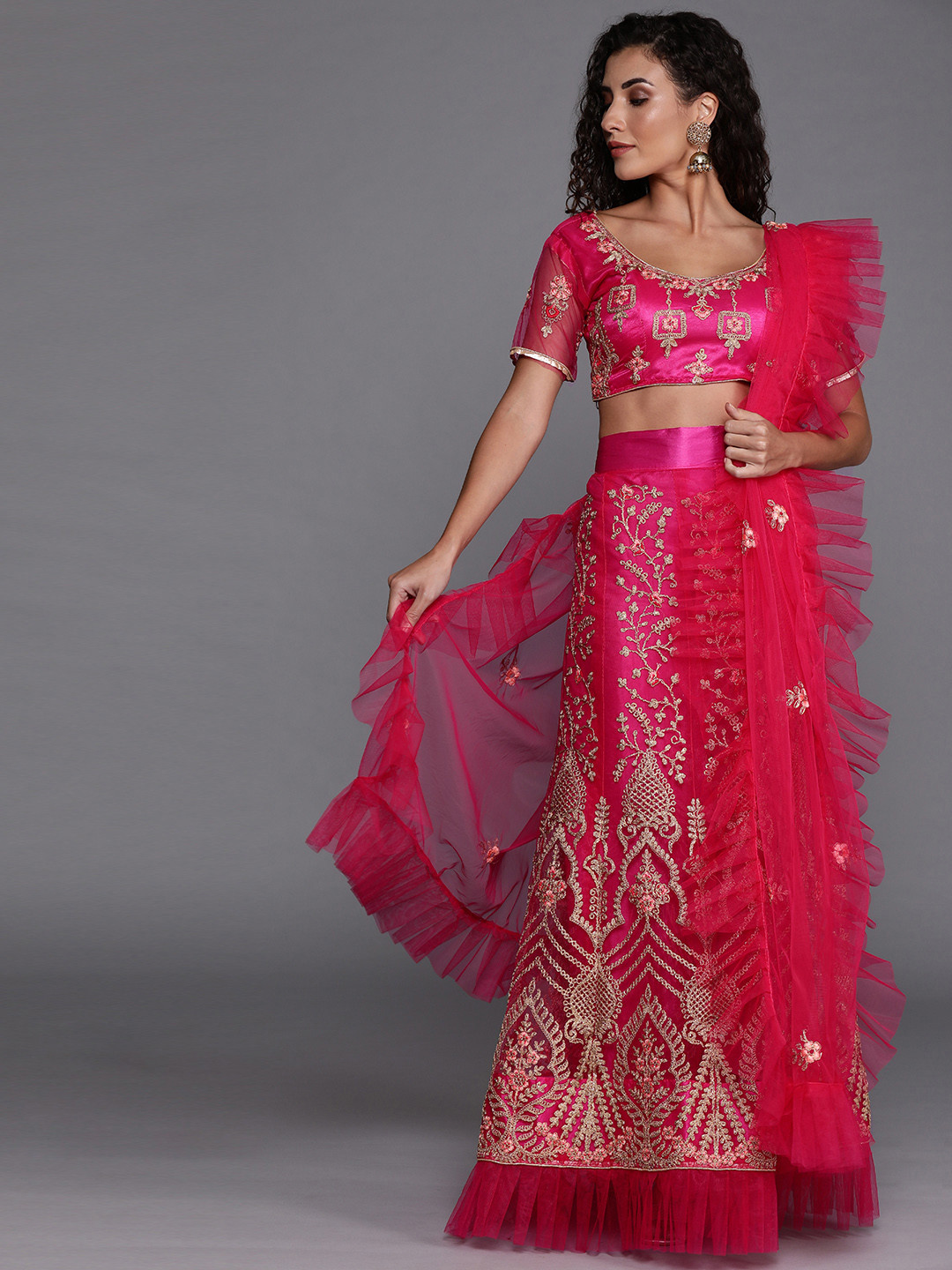 Buy Mitera Pink & Gold Toned Embroidered Semi Stitched Lehenga