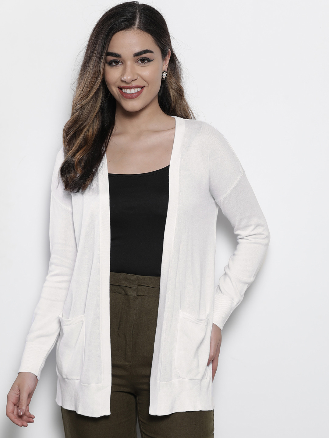 Buy Marks & Spencer Women White Solid Front Open Sweater ...