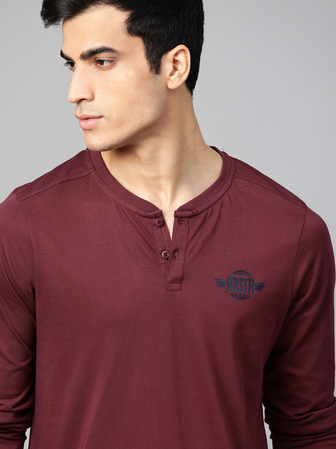 Buy Roadster Men Burgundy Solid Henley Neck Pure Cotton T Shirt