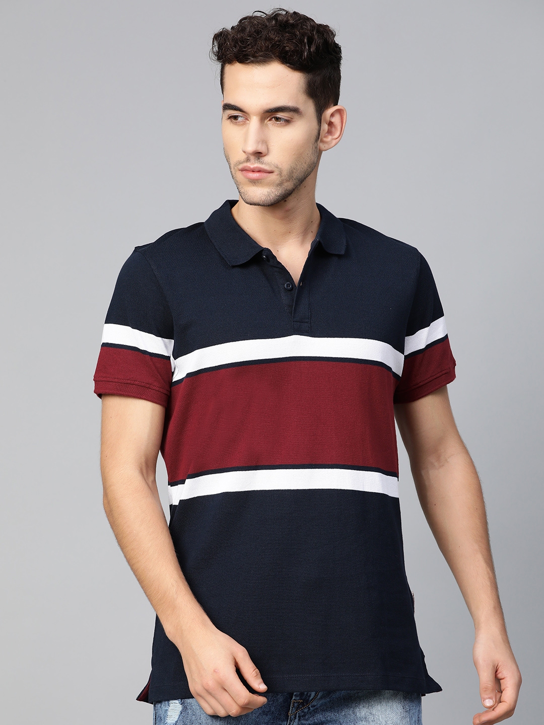 Buy Roadster Men Navy Blue Burgundy Striped Polo Collar Pure Cotton T ...