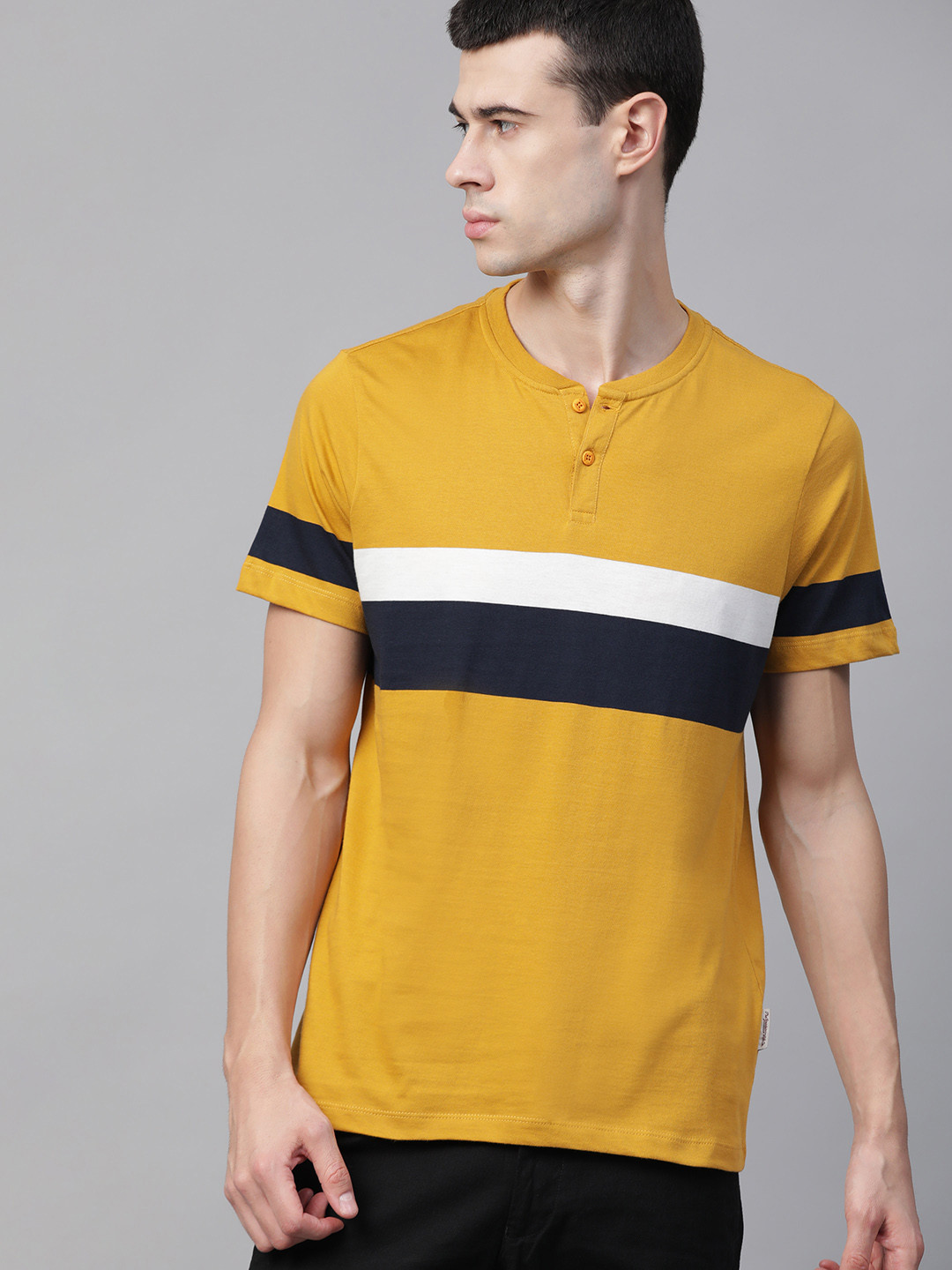 Buy Roadster Men Mustard Yellow Striped Mandarin Collar T Shirt