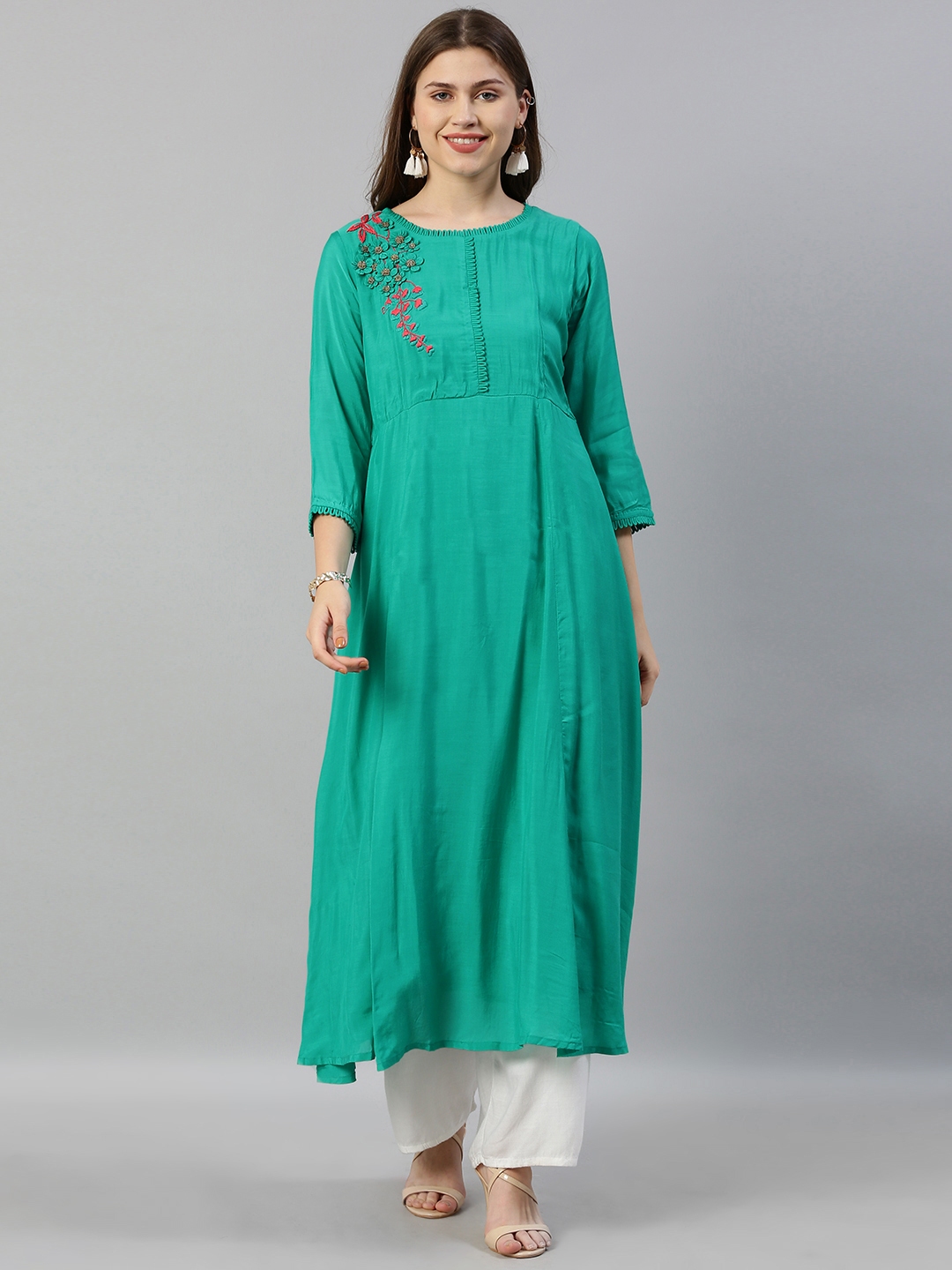 Buy Neerus Women Sea Green Solid A Line Kurta With Embellishments And ...