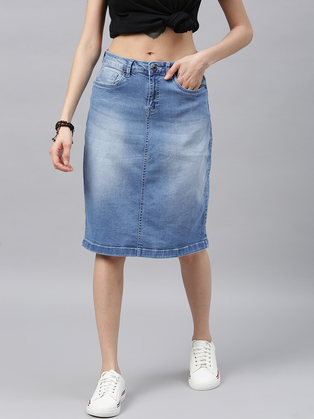 Buy Roadster Women Blue Solid Light Fade Denim Skirt Skirts for Women