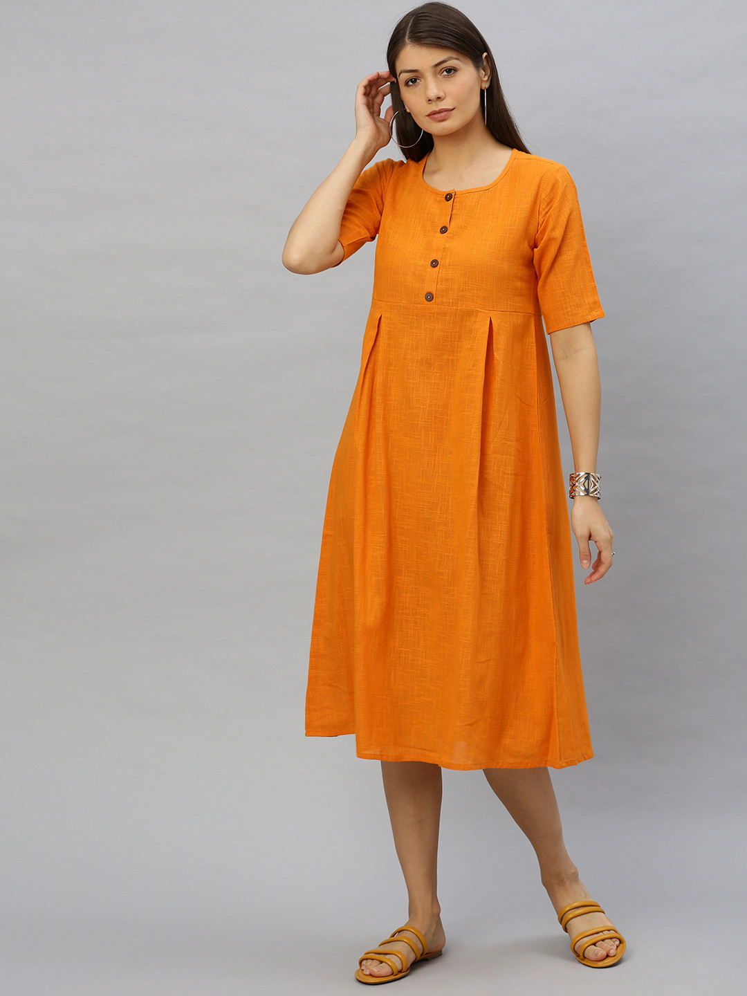 Buy YASH GALLERY Women Mustard Yellow Solid Pleated A Line Dress