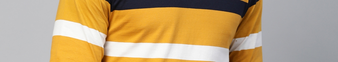 Buy Roadster Men Mustard Yellow Navy Blue Striped Detail Round Neck ...