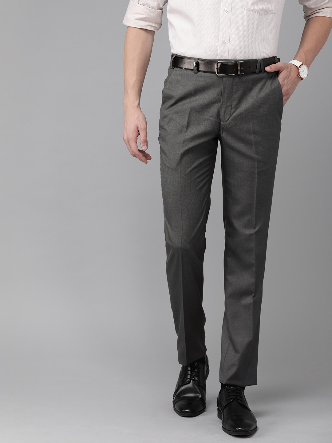 Buy Park Avenue Men Charcoal Grey Super Slim Fit Solid Formal Trousers ...