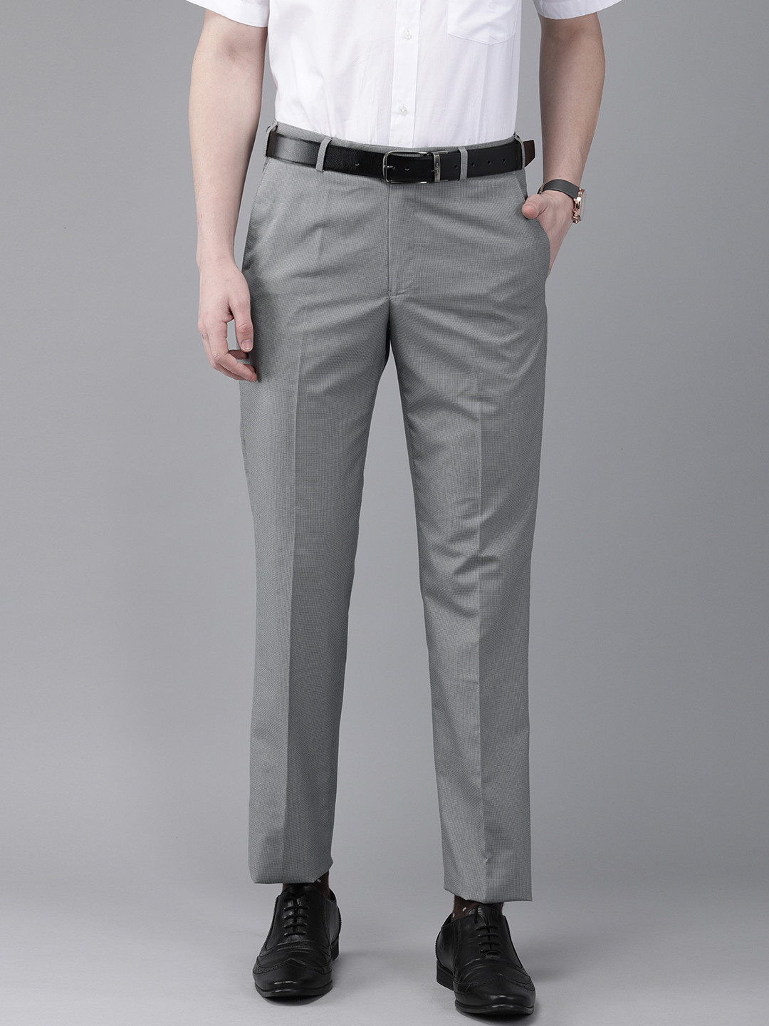 Buy Park Avenue Men Grey Smart Regular Fit Self Design Formal Trousers ...