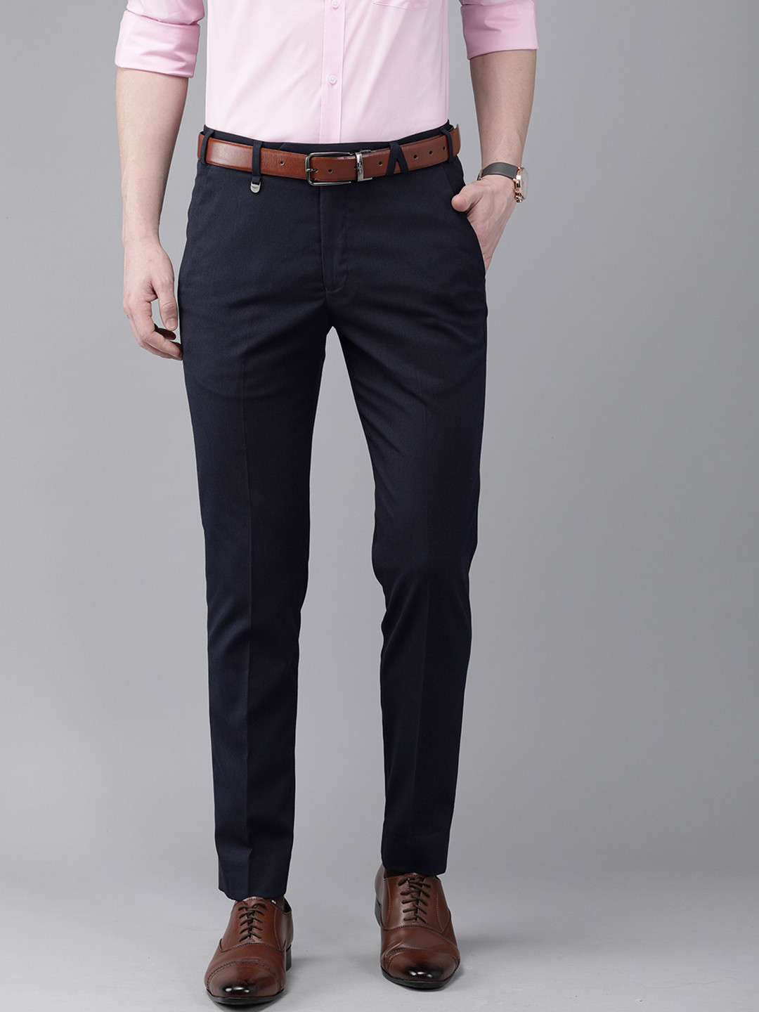 Buy Park Avenue Men Navy Blue Neo Regular Fit Solid Formal Trousers ...