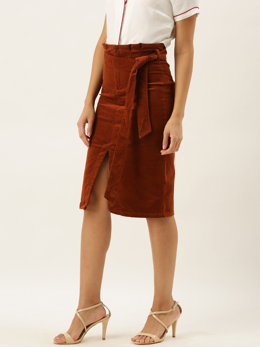 Buy FOREVER 21 Women Rust Brown Solid Corduroy Straight Skirt With