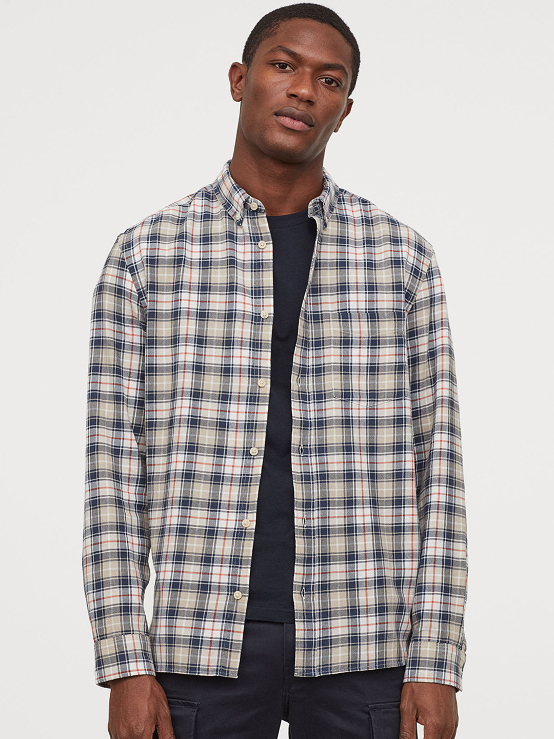 Buy H&M Men Beige & Blue Checked Cotton Shirt Regular Fit Shirts for