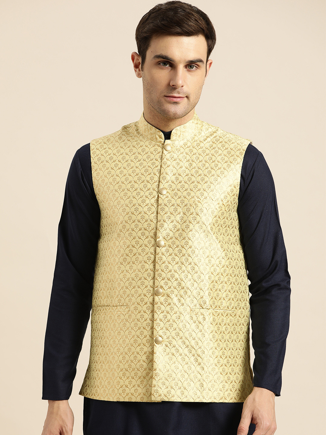 Buy SOJANYA Men Yellow & Golden Woven Design Nehru Jacket Nehru