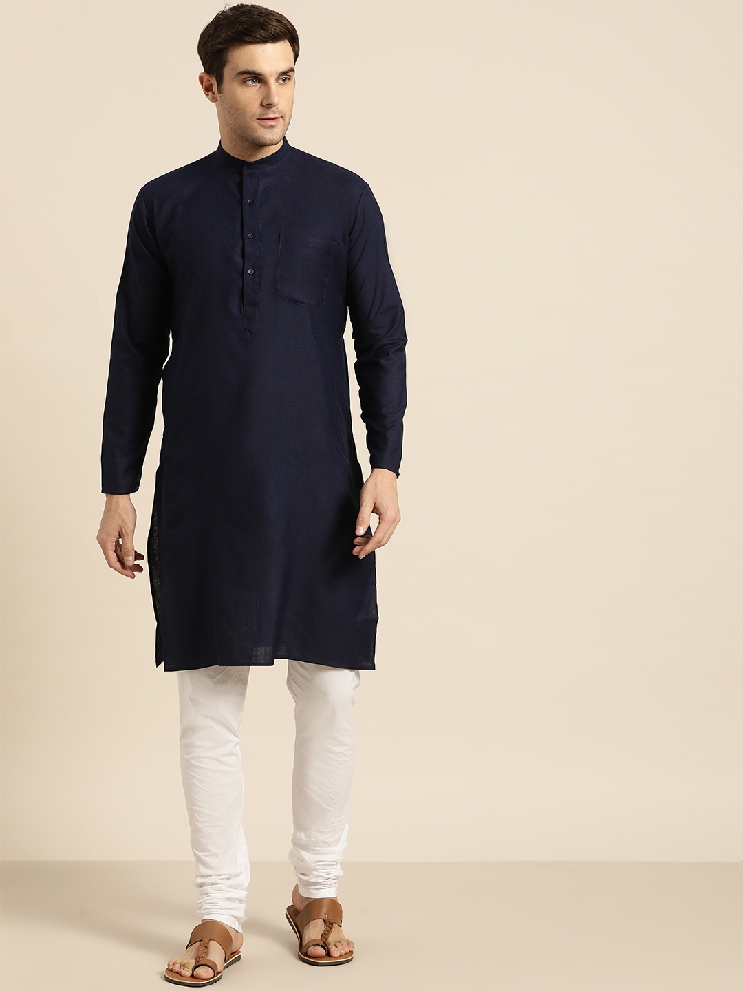 Buy SOJANYA Men Pink & Navy Blue Solid Kurta & Churidar With Woven Design Nehru Jacket
