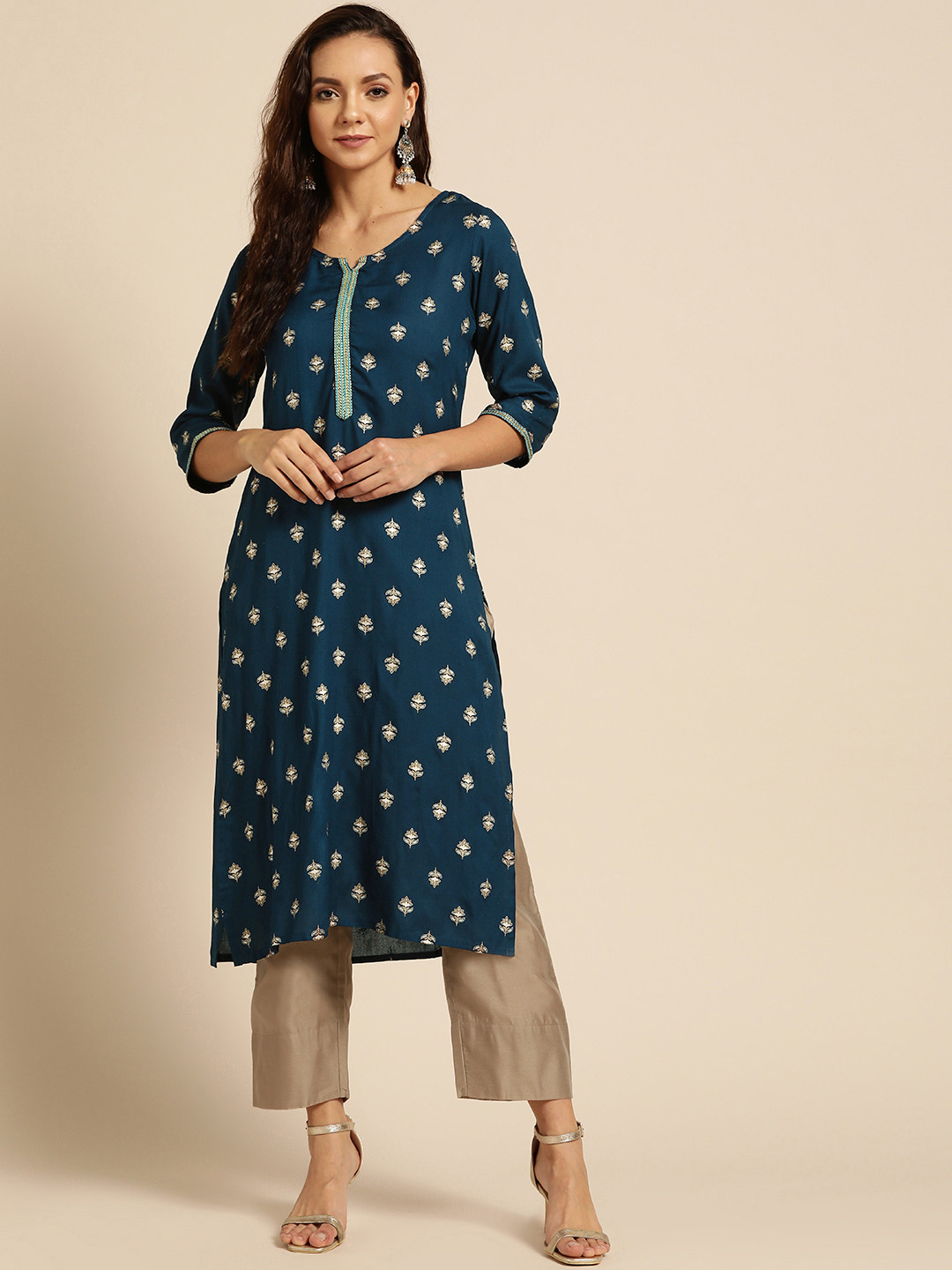 Women Teal & Golden Printed Kurta Set