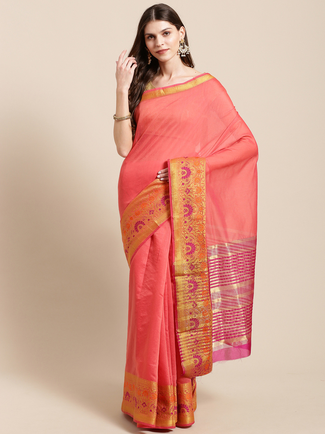 Buy Mitera Peach Coloured Solid Kanjeevaram Saree Sarees for Women