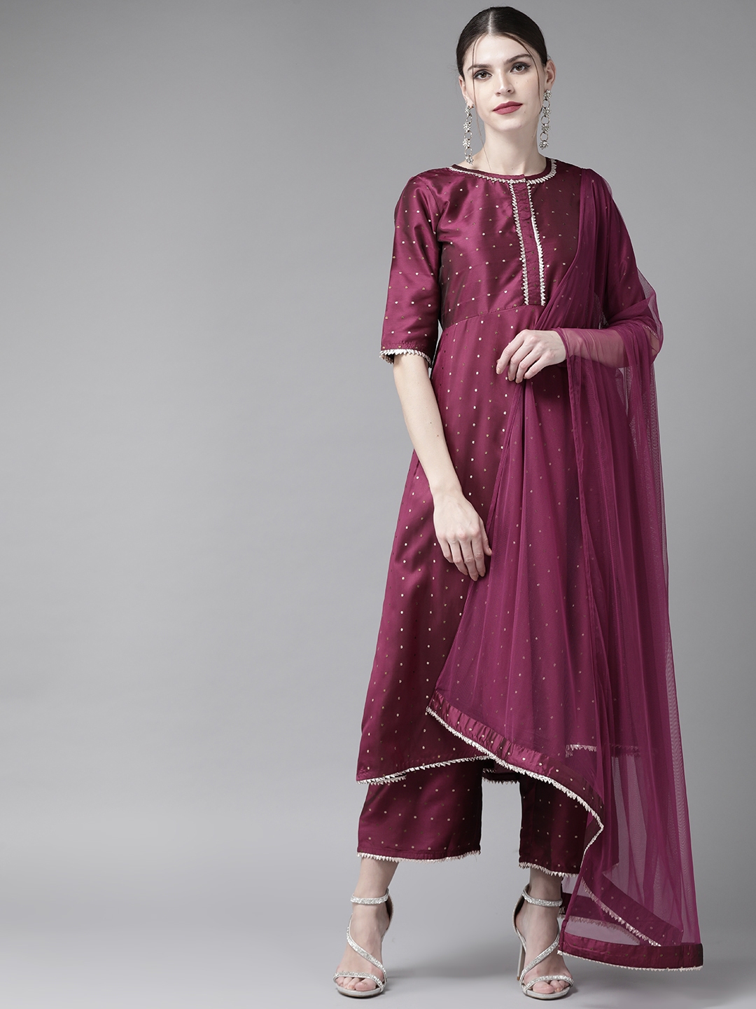 Buy Libas Women Purple & Golden Woven Design Kurta With Palazzos ...