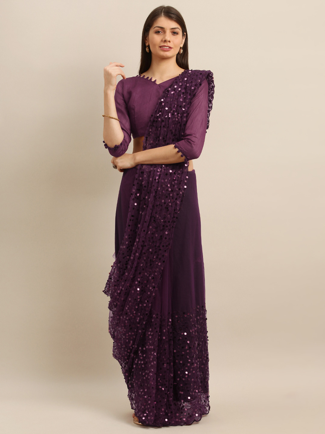 Buy Mitera Burgundy Embellished Saree Sarees for Women